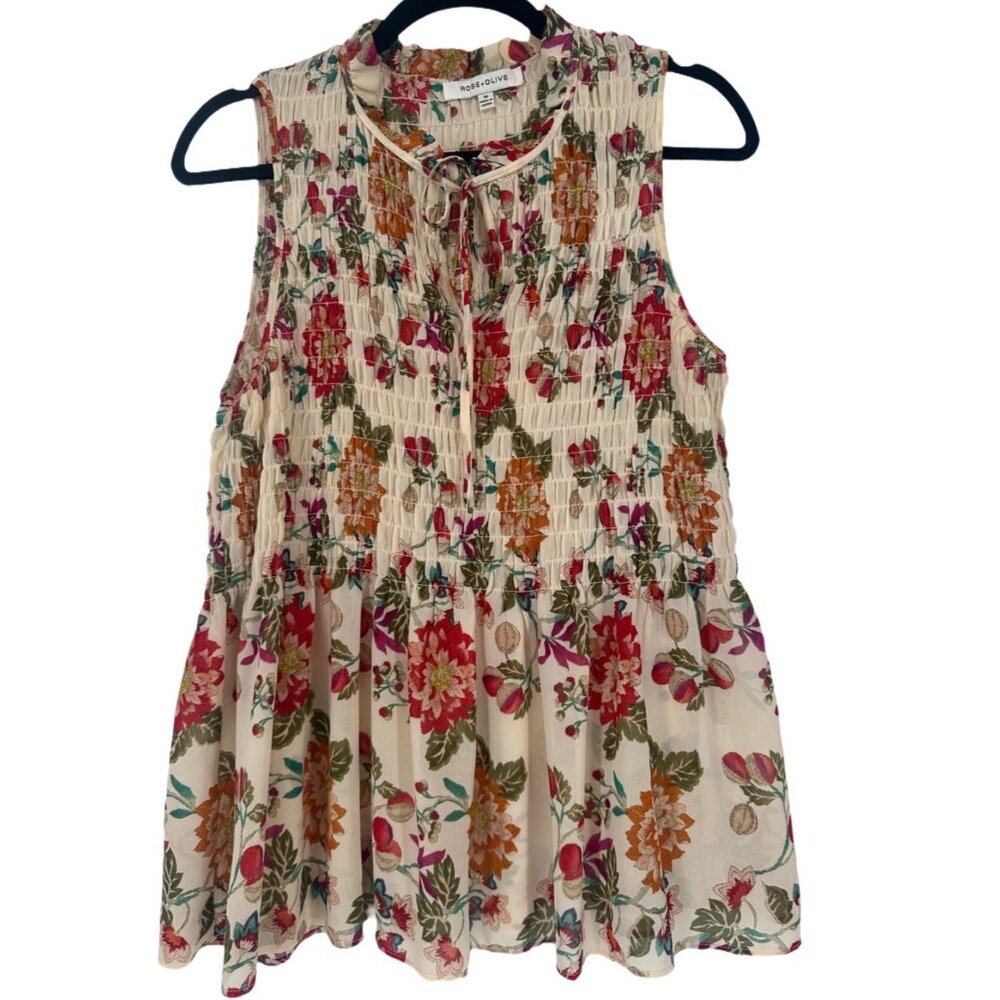 Rose & Olive Smocked Floral Smocked Sleeveless Blouse Size M - Picture 2 of 7